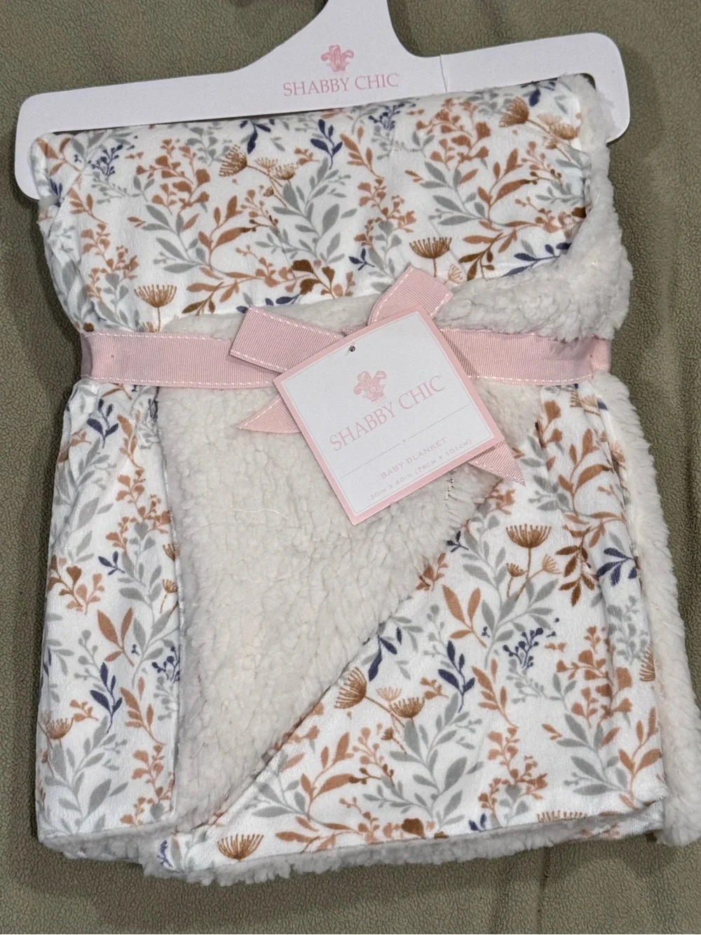 NWT Shabby Chic Floral Sherpa Baby Blanket 30x40 Earthy Botanical
